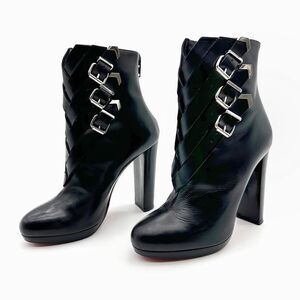 CHRISTIAN LOUBOUTIN Troop 120 Black Leather Boots Size 37 Buckle Booties